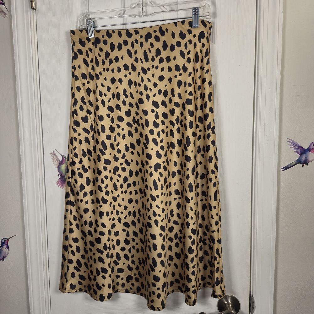 Benie Los Angeles Cheetah Print Satin Midi Skirt L